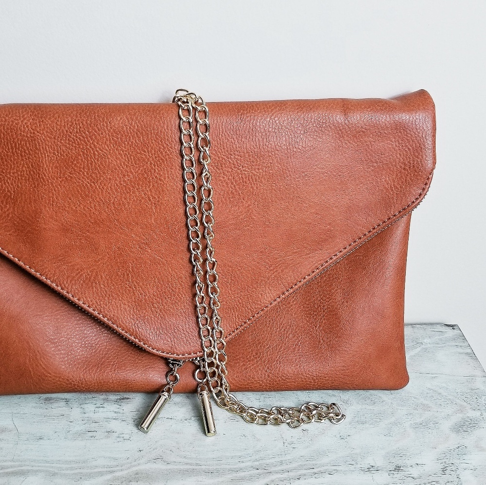 Cognac Envelope Clutch with Gold Chain Strap